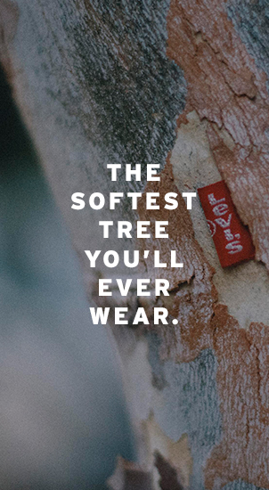 Image Description: The image background shows a close-up image of a tree trunk with a Levi's Red Tab on it. There is white text that reads: 'The softest tree you'll ever wear.'