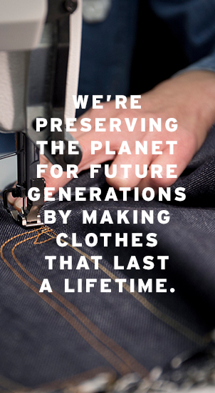 Image Description: The image background is an image of someone sewing the fly on a pair of dark wash denim Levi's jeans. There is white text that reads: 'We're preserving the planet for future generations by making clothes that last a lifetime.'