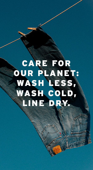 Image Description: The image background shows a pair of mid-wash Levi's jeans hanging upside down on a washing line. The back of the jeans are facing the camera where you can see the classic Levi's features; back patch, arcuate stitch and Levi's red tab on the pocket. There is white text that reads: 'Care for our planet: Wash less, wash cold, line dry.'